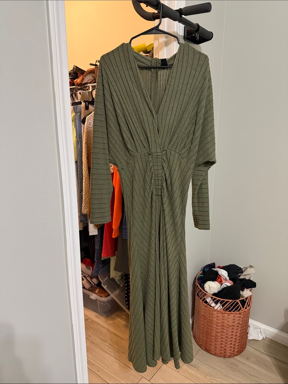 Olive Green Ribbed V-Neck Maxi Dress